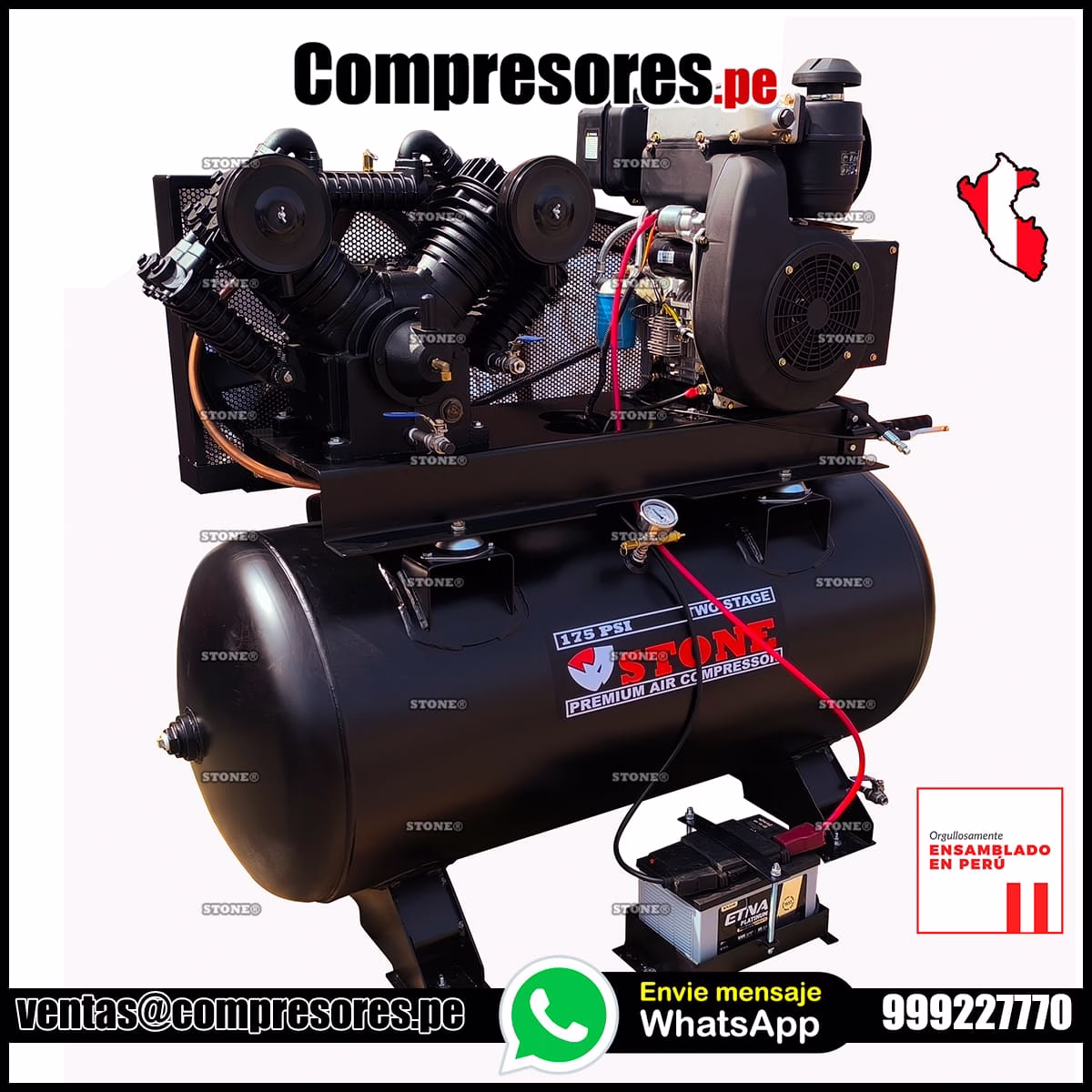 COMPRESOR PETROLERO DOBLE ETAPA 175PSI 40 CFM 120 GALONES STONE® - Modelo: GATOR40D